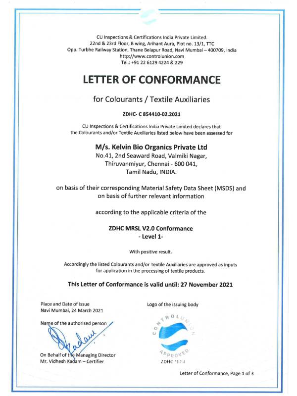Letter of Conformance- Ms. Kelvin Bio Organics Private Ltd -Level 1- Product Addition 2021
